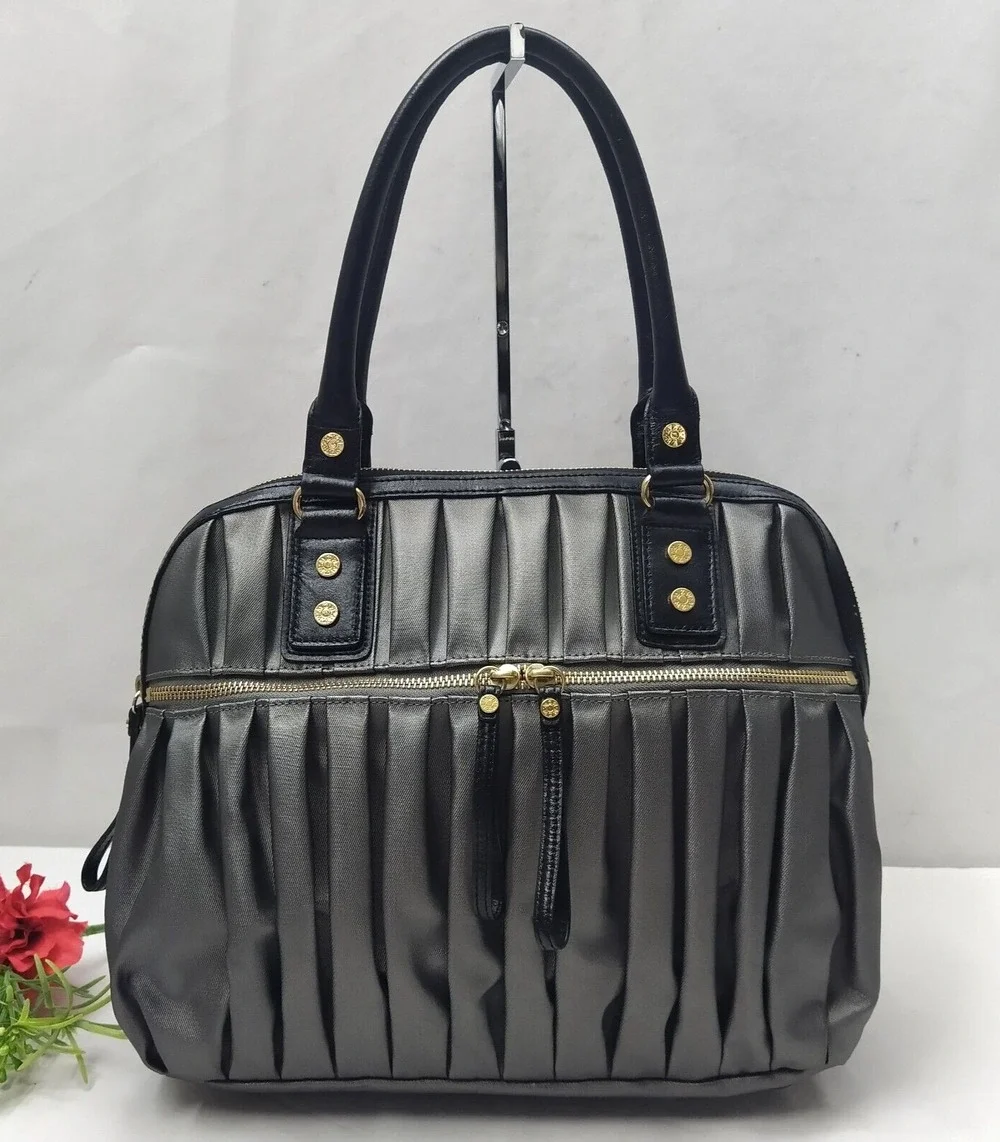 MZ Wallace Gray Nylon Pleated Zipper Pockets Top Handles Satchel Shoulder Bag